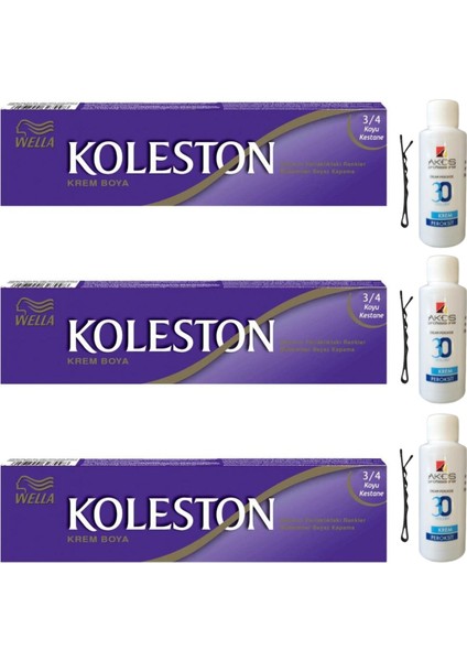 Koleston Tüp Saç Boyası Koyu Kestane 3/4 x 3 lü + Akos 30 Volume Oksidan 3 lü