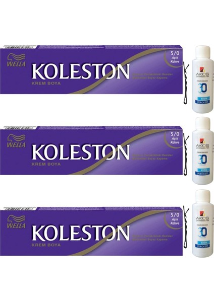 Koleston Tüp Saç Boyası Açık Kahve 5.0 x 3 lü + Akos 30 Volume Oksidan 3 lü
