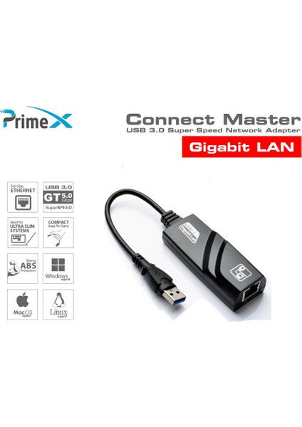 PrimeX Plus PX-2130 USB 3.0 To RJ45 10/100/1000MBPS Gigabit Ethernet Çevirici