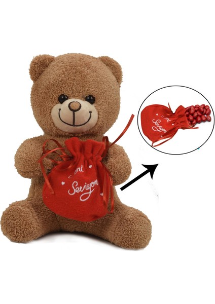 Sevgiliye Özel, Elinde Badem Şekeri Kesesi ile Peluş Boz Ayıcık-30 cm