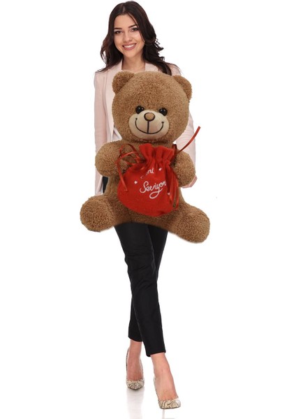 Sevgiliye Özel, Elinde Badem Şekeri Kesesi ile Peluş Boz Ayıcık-30 cm