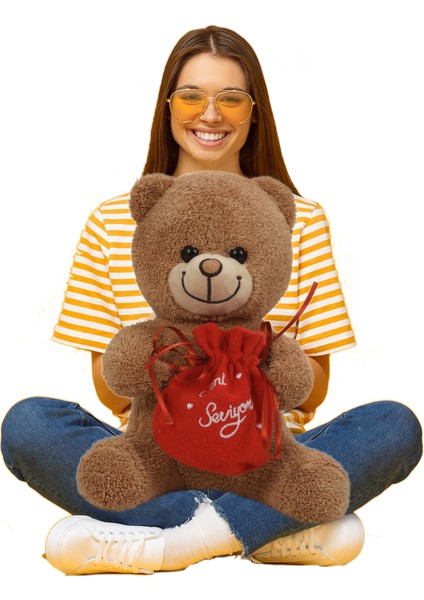 Sevgiliye Özel, Elinde Badem Şekeri Kesesi ile Peluş Boz Ayıcık-30 cm