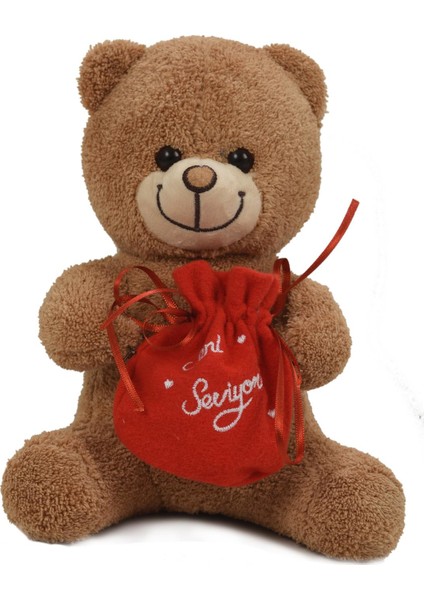 Sevgiliye Özel, Elinde Badem Şekeri Kesesi ile Peluş Boz Ayıcık-30 cm