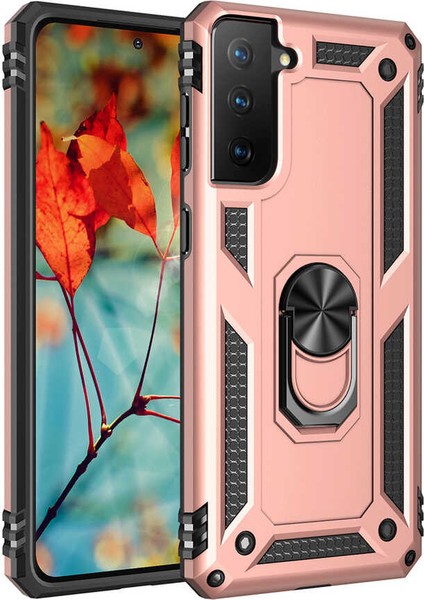 Galaxy S21 Kılıf Shockproof Yüzük Tutuculu Vega Rose Gold