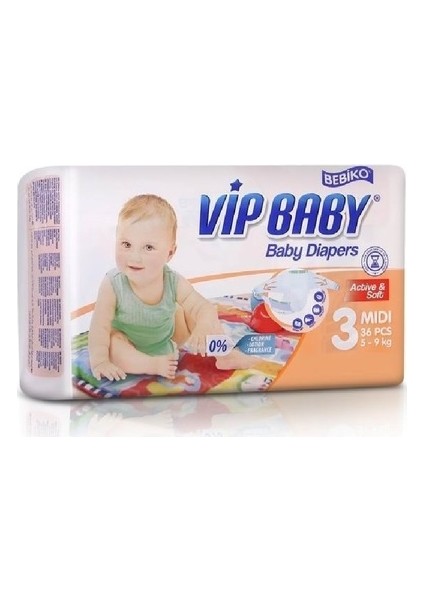 Bebiko Vip Baby Active & Soft Bantlı Bebek Bezi 5 - 9 kg 3 Beden 36 Adet