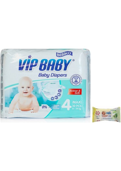 Bebiko Vip Baby Active&soft Bantlı Bebek Bezi 8-19 kg 4 Beden 32 Adet + Bebiko Islak Mendil 72 Adet