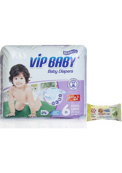 Bebiko Vip Baby Active & Soft Bantlı Bebek Bezi 16 + kg 6 Beden 25 Adet + Bebiko Islak Mendil 72 Adet