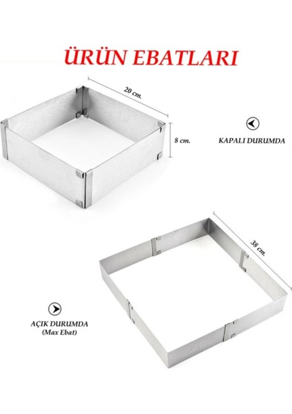 İntime Kare Ayarlanabilir 8 Cm Paslanmaz Çelik Kek Pasta Pandispanya Kalıbı Çemberi