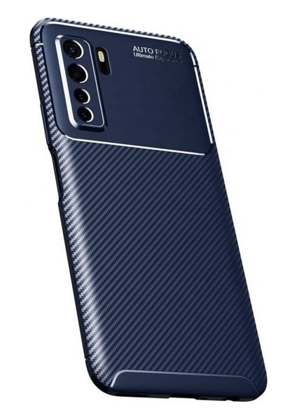 Huawei P40 Lite 5g Kılıf Karbon Desenli Lux Silikon + Cam Ekran Koruyucu Lacivert