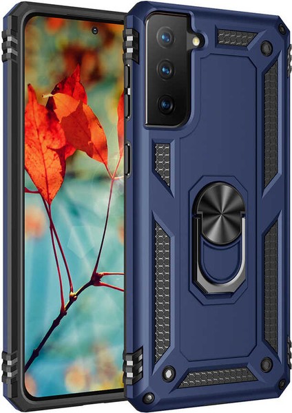 - Samsung Galaxy S21 Plus - Kılıf Yüzüklü Zırh Tank Vega Kapak - Mavi - T16141