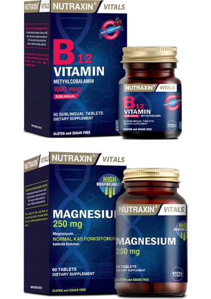 Magnezyum Takviyesi 250 Mg 60 Tablet + B12 Vitamin Takviyesi 1000 Mcg 60 Dilaltı Tableti