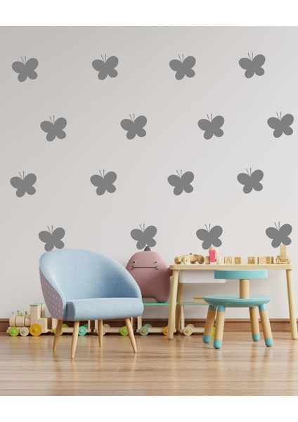 Uçan Kelebekler Dekoratif Duvar Sticker Gri (13 cm 18 Adet) Ths-05-01-03