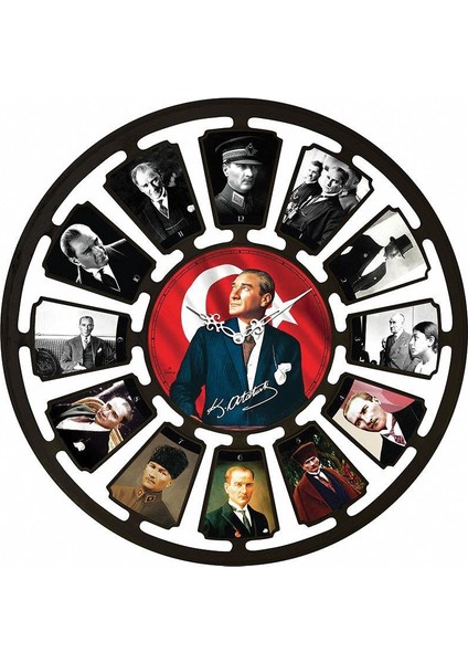734 Serisi Atatürk Desenli Sessiz Akar Duvar Saati 50 cm