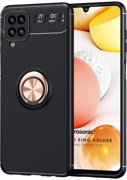 Samsung Galaxy A12 Kılıf Kickstand Ring Holder Siyah - Rose