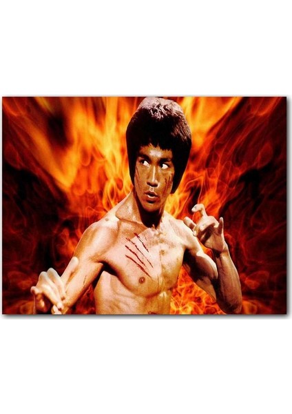 Ahşap Tablo Bruce Lee Kungfu Alevler Arasında