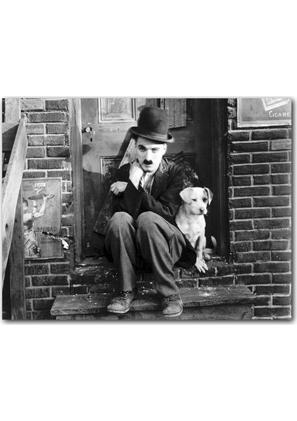 Ahşap Tablo Charlie Chaplin ve Sevimli Köpeği