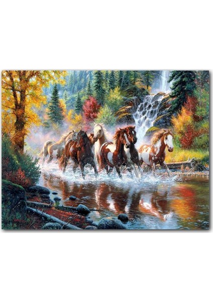 Ahşap Tablo Ormanda Akarsu Şelale ve Yaban Atları