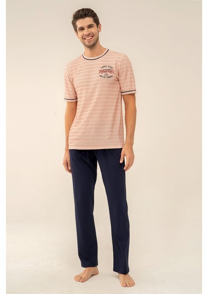 Feyza Erkek Çizgili Hawaii Nakış Kısa Kol Pijama Takım 4107-