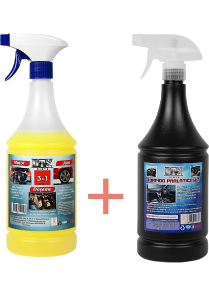 Döşeme Jant ve Motor Temizleme Sıvısı 1 Lt + Torpido Parlatıcı Süt 500 ml %50 Indirimli