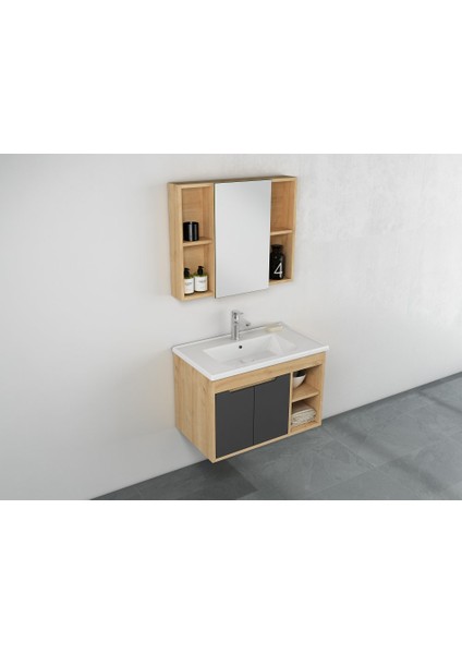 Nuvo 80 cm Banyo Dolabı, Safirmeşe-Antrasit Gri