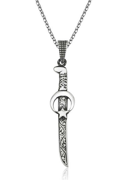 Gümüş Ay Yıldız Kılıç Erkek Kolye