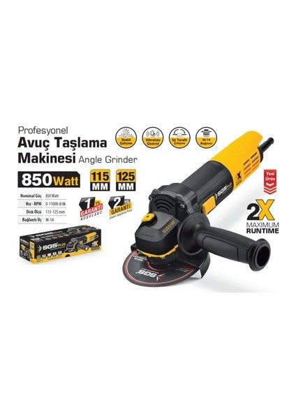 5108 Profesyonel 115-125MM Avuç Taşlama Makinesi 850 Watt