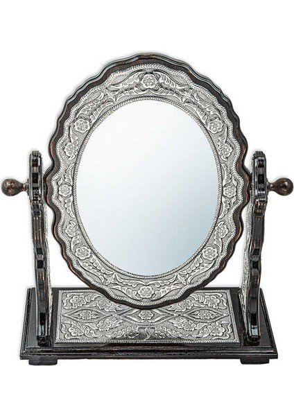 Gümüş Çiçek Desenli Oval Çift Taraflı Ayna