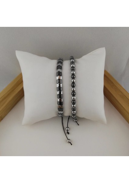 Hematit Doğal Taşlı 2 Li Kombin Erkek Bileklik - Mix Füme-Gümüş