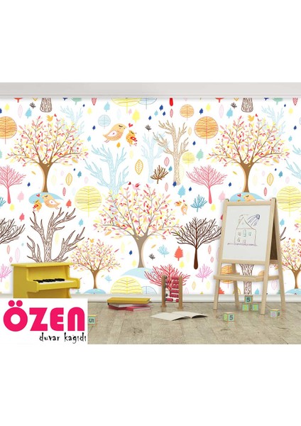 Renkli Ağaçlar ve Sevimli Kuşlar Duvar Kağıdı