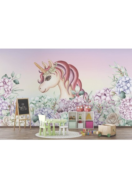 Unicorn Boynuzlu At Renkli Çiçekler Çocuk Odası Duvar Kağıdı
