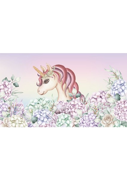 Unicorn Boynuzlu At Renkli Çiçekler Çocuk Odası Duvar Kağıdı