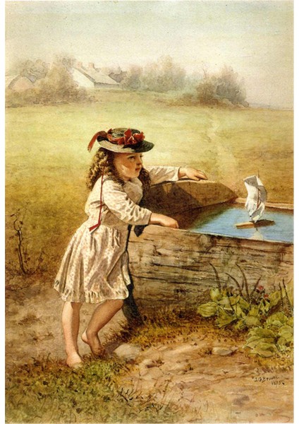 Suluboya Havuzda Oyuncak Gemiyle Oynayan Çocuk Kanvas Tablo