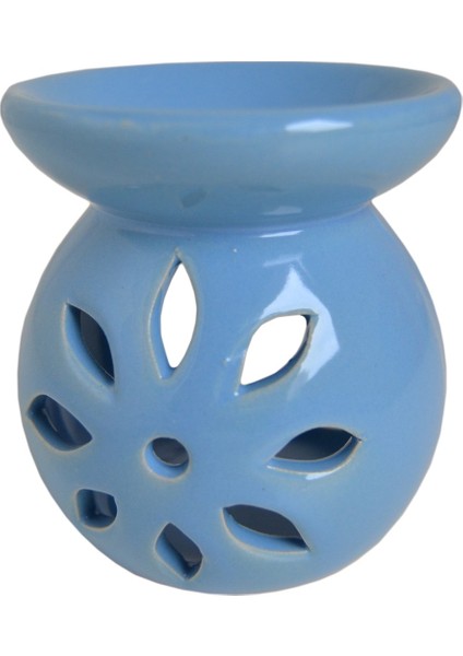 Lotus Çiçeği Desenli Seramik Buhurdanlık Tütsülük Mumluk Mavi