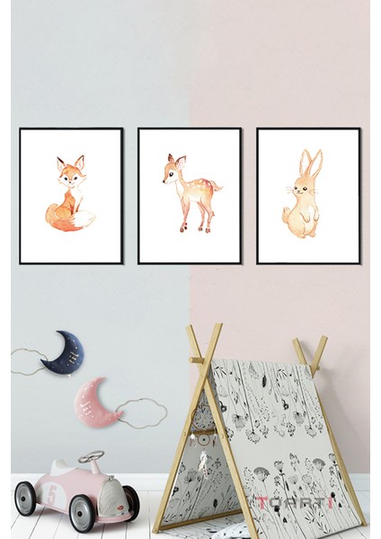 Çocuk Odası Tasarım Hayvanlar 3 Parçalı Çerçeve Seti