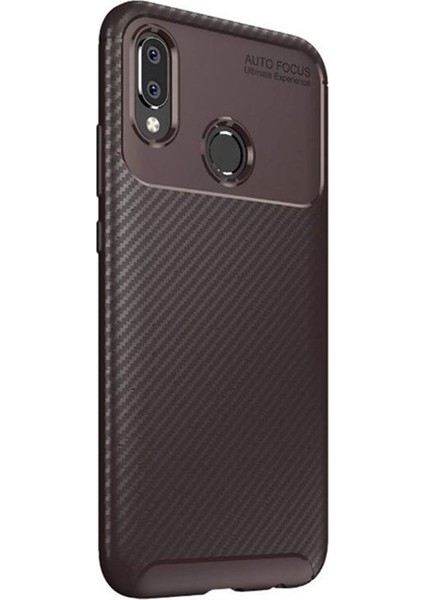 Huawei P Smart Plus Kılıf Karbon Silikon+Nano Glass Kahverengi