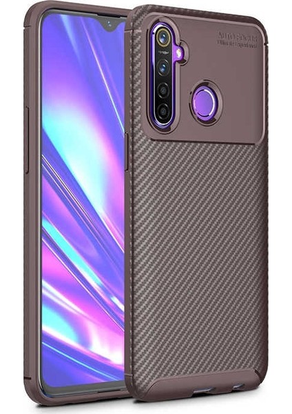 Realme 6i Kılıf Karbon Dizayn Silikon+Nano Glass Kahverengi