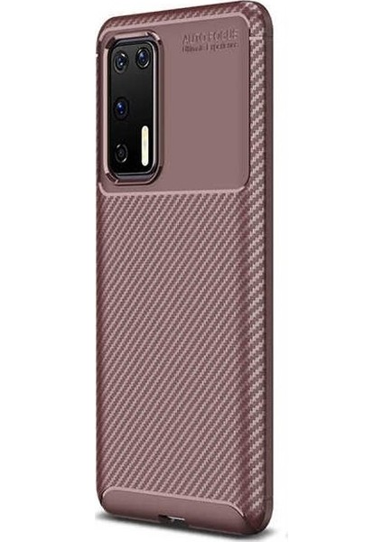 Huawei P40 Kılıf Karbon Dizayn+Full Ekran Koruyucu Kahverengi