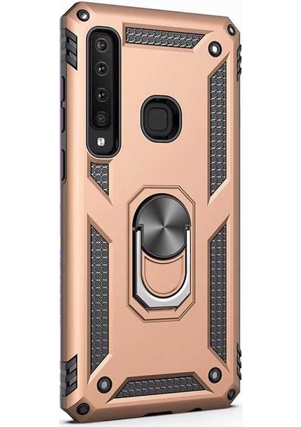 Samsung Galaxy A9 2018 Kılıf Vega Yüzüklü Mıknatıslı+Nano Glass Gold
