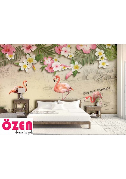 Renkli Çiçekler ve Flamingolar Duvar Kağıdı