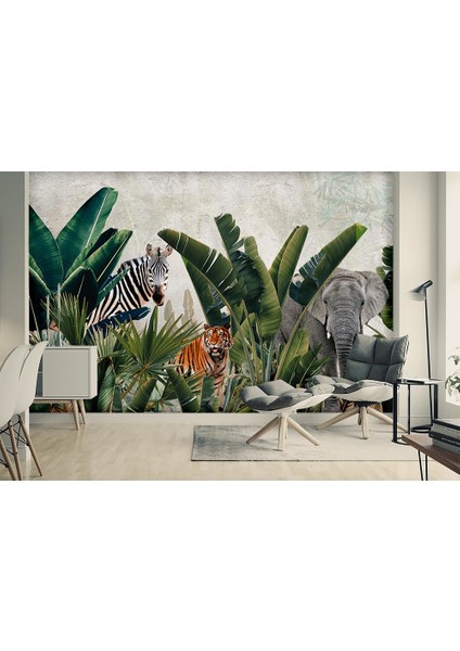 Özel Tasarım Tropikal Yapraklar ve Canlılar Duvar Kağıtları
