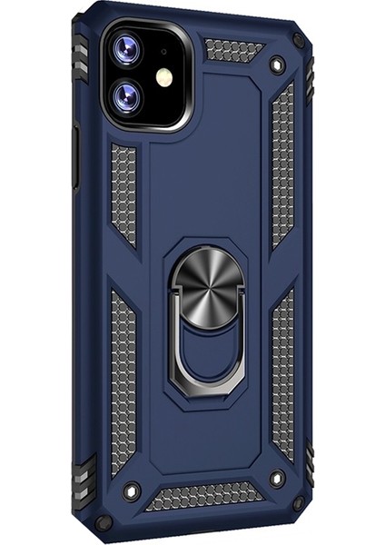 Apple iPhone 11 Kılıf Vega Standlı Yüzüklü Mıknatıslı+Nano Glass Lacivert
