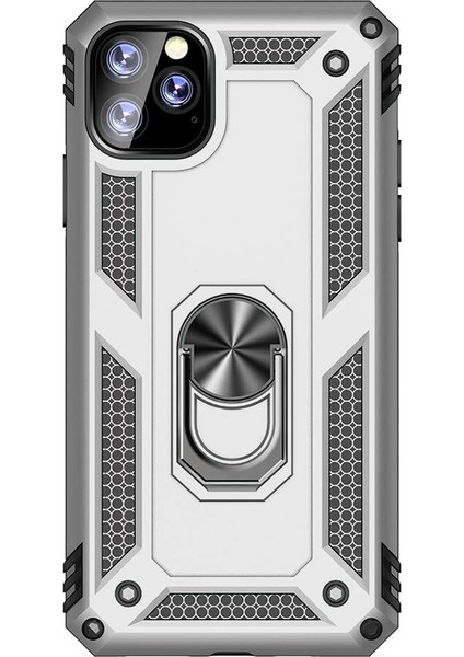 Apple iPhone 11 Pro Kılıf Vega Standlı Yüzüklü Mıknatıslı+Nano Glass Gümüş