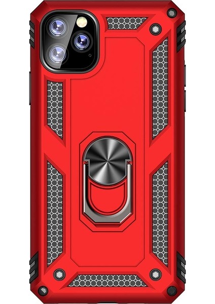 Apple iPhone 11 Pro Kılıf Vega Standlı Yüzüklü Mıknatıslı+Nano Glass Kırmızı
