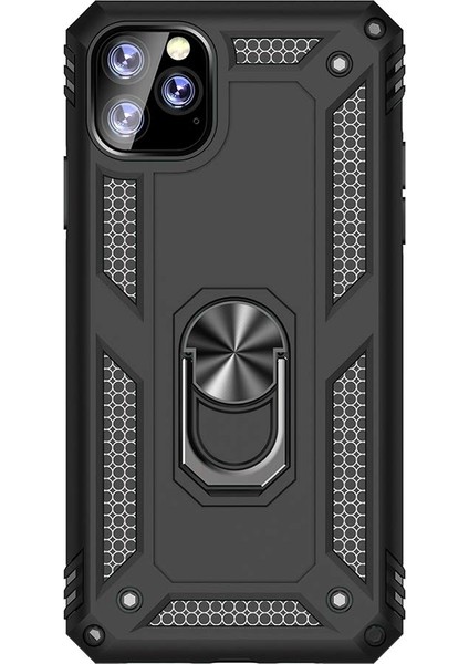 Apple iPhone 11 Pro Max Kılıf Vega Standlı Yüzüklü Mıknatıslı+Nano Glass Siyah