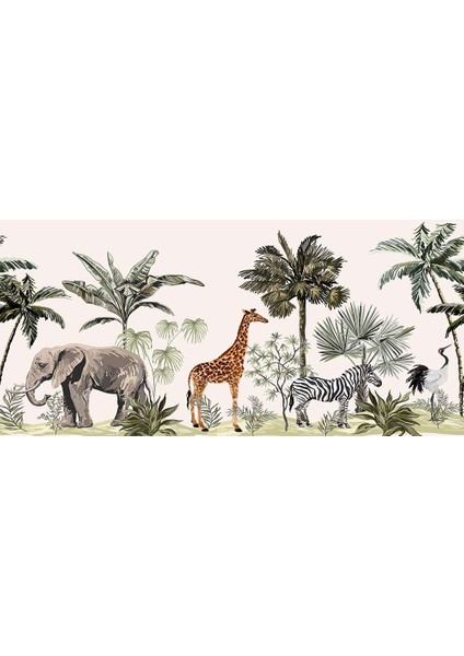 Tropikal Yapraklar Zebra Fil Zürafa Hayvanlar Duvar Kağıdı fiyatları