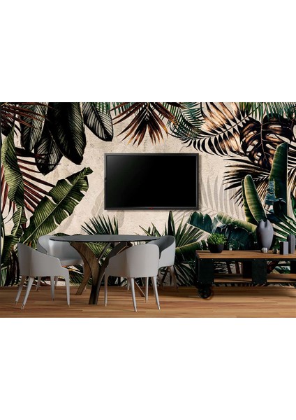 Tropikal Yapraklar Duvar Kağıdı Tv Ünite Duvarına Uygun