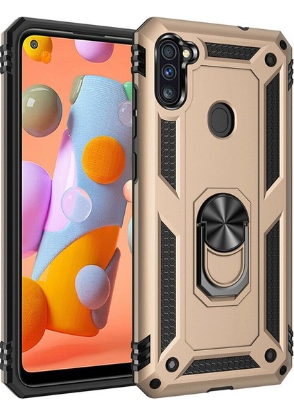 Samsung Galaxy A11 Kılıf Tank Koruma Vega Standlı Yüzüklü Mıknatıslı Gold