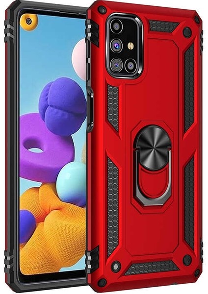 Samsung Galaxy M31S Kılıf Tank Koruma Vega Standlı Yüzüklü Mıknatıslı+Nano Glass Kırmızı