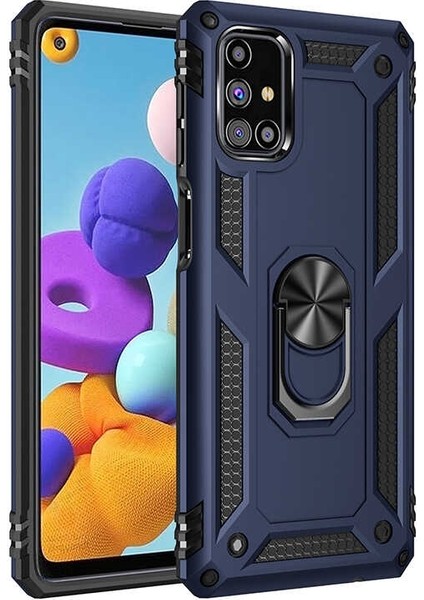 Samsung Galaxy M31S Kılıf Tank Koruma Vega Standlı Yüzüklü Mıknatıslı+Nano Glass Lacivert