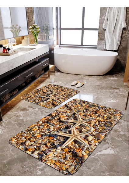 Digital Baskılı Deniz Yıldızı Desenli 2'li Banyo Paspas Seti TLAHMP-075